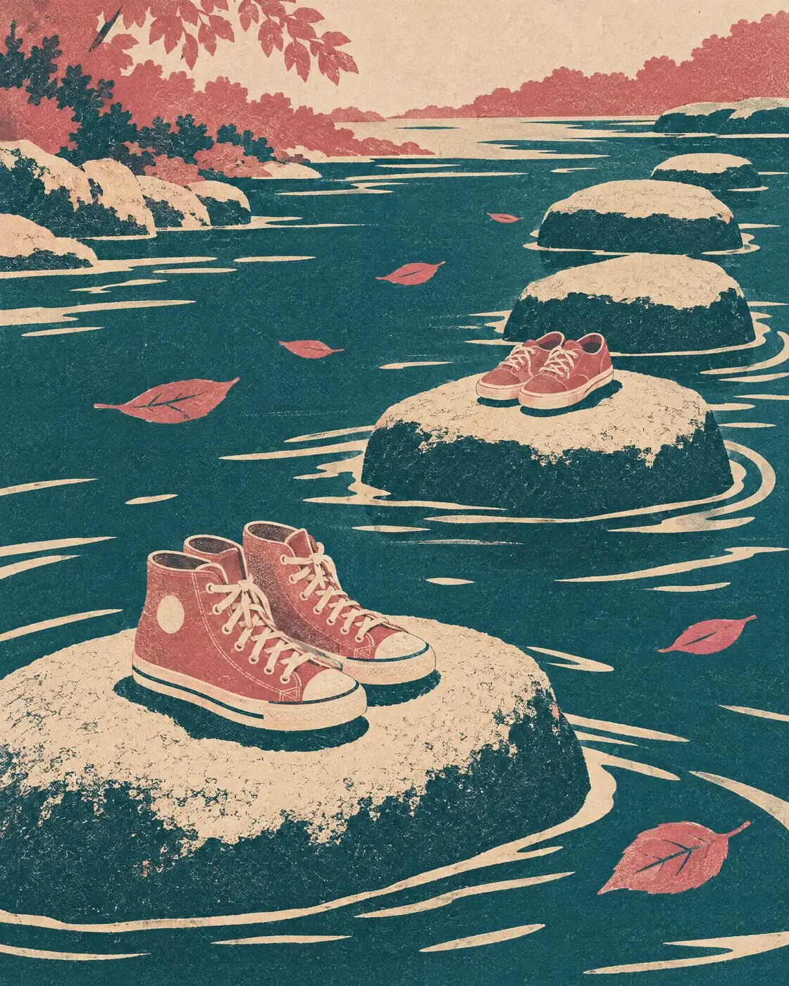 Illustration of stepping stones across a calm river, with a pair of sneakers resting on two of the stones